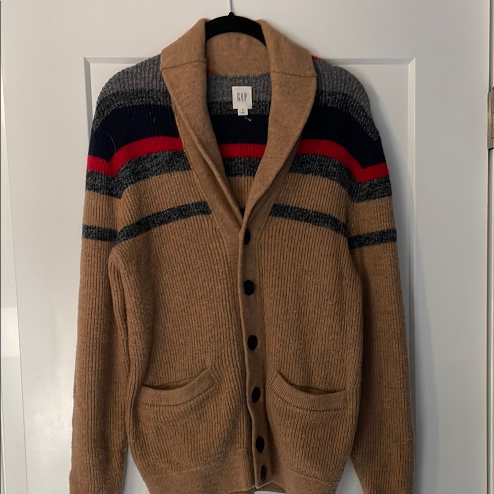 GAP Men's Tan Cardigan Sweater with Stripes